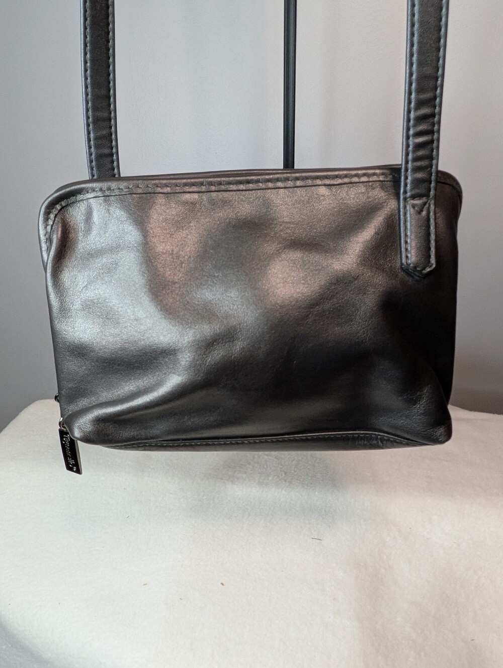 Tignanello Metallic Silver Gunmetal Leather Small Organizer Shoulder Crossbody